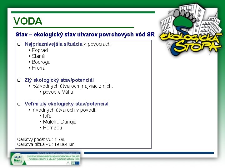 VODA Stav – ekologický stav útvarov povrchových vôd SR q Najpriaznivejšia situácia v povodiach: