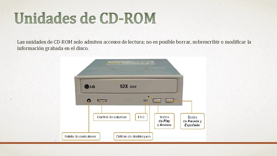 Unidades de CD-ROM Las unidades de CD-ROM solo admiten accesos de lectura; no es