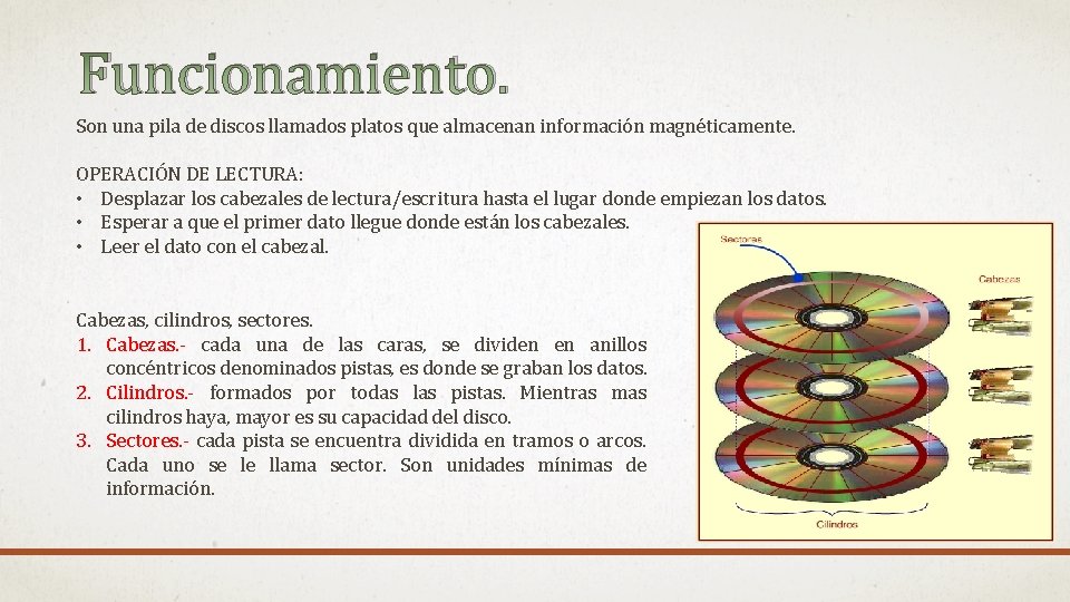 Funcionamiento. Son una pila de discos llamados platos que almacenan información magnéticamente. OPERACIÓN DE