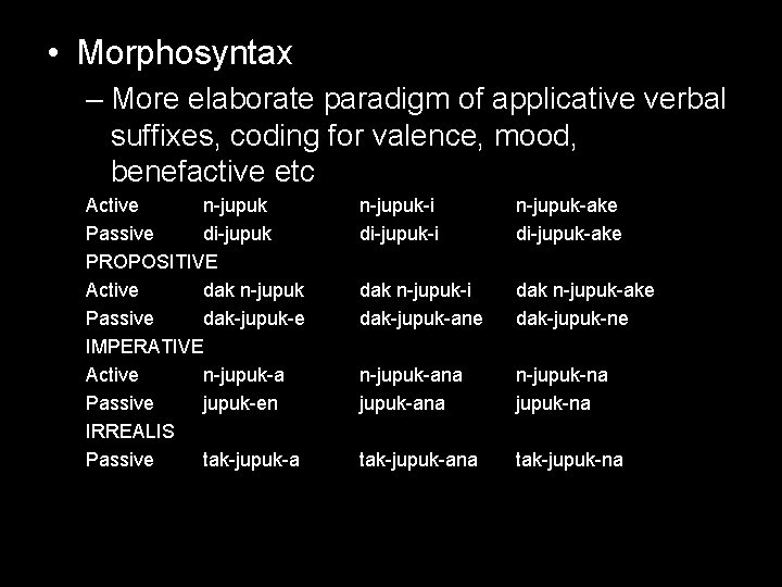  • Morphosyntax – More elaborate paradigm of applicative verbal suffixes, coding for valence,