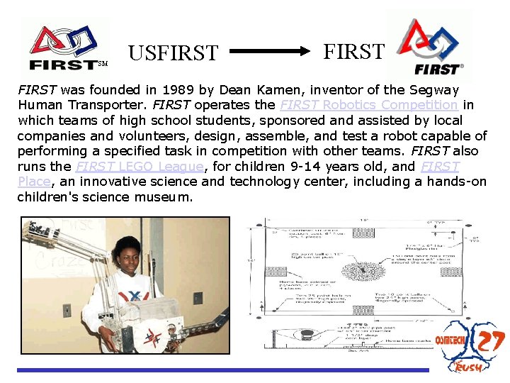 USFIRST was founded in 1989 by Dean Kamen, inventor of the Segway Human Transporter.
