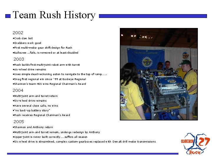 Team Rush History 2002 • Crab claw bot • Grabbers work good • First