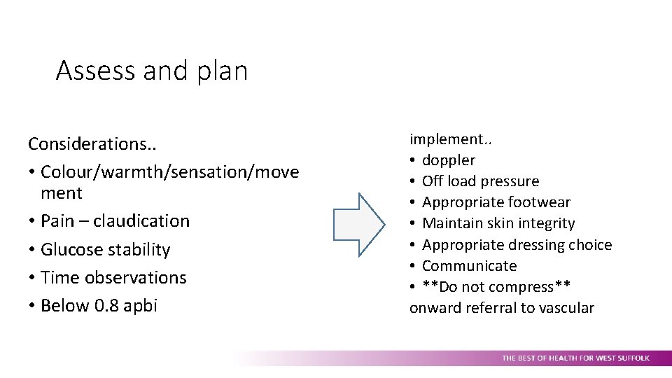 Assess and plan Considerations. . • Colour/warmth/sensation/move ment • Pain – claudication • Glucose