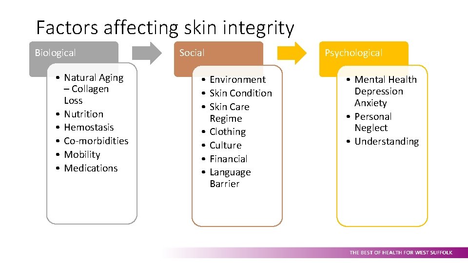 Factors affecting skin integrity Biological • Natural Aging – Collagen Loss • Nutrition •