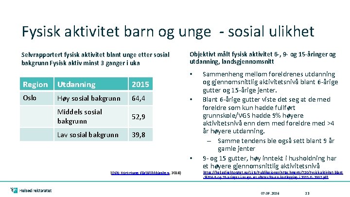 Fysisk aktivitet barn og unge - sosial ulikhet Selvrapportert fysisk aktivitet blant unge etter