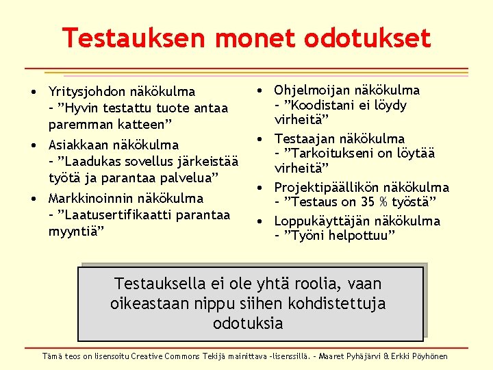Testauksen monet odotukset • Yritysjohdon näkökulma – ”Hyvin testattu tuote antaa paremman katteen” • Testauksen monet odotukset • Yritysjohdon näkökulma – ”Hyvin testattu tuote antaa paremman katteen” •
