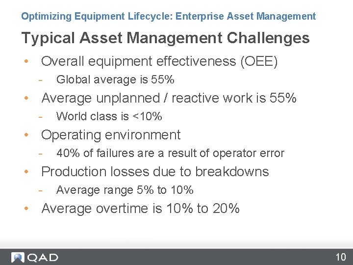 Optimizing Equipment Lifecycle: Enterprise Asset Management Typical Asset Management Challenges • Overall equipment effectiveness