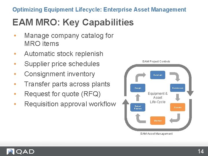 Optimizing Equipment Lifecycle: Enterprise Asset Management EAM MRO: Key Capabilities • • Manage company