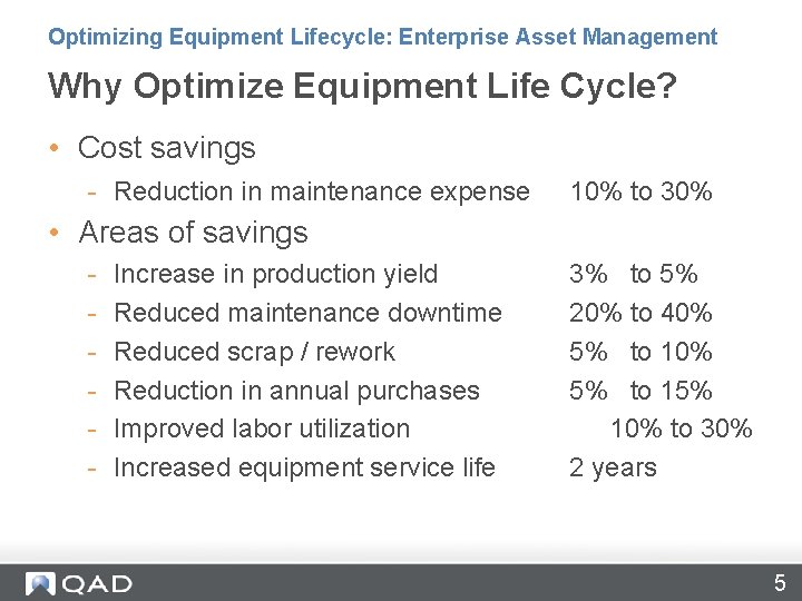 Optimizing Equipment Lifecycle: Enterprise Asset Management Why Optimize Equipment Life Cycle? • Cost savings