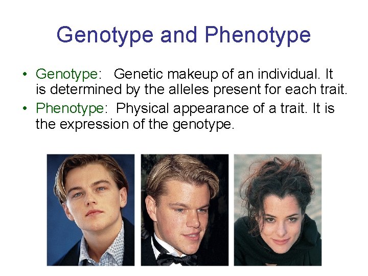 Genotype and Phenotype • Genotype: Genetic makeup of an individual. It is determined by
