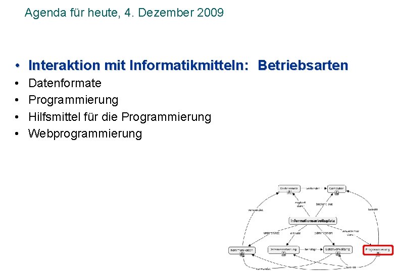 Agenda für heute, 4. Dezember 2009 • Interaktion mit Informatikmitteln: Betriebsarten • • Datenformate