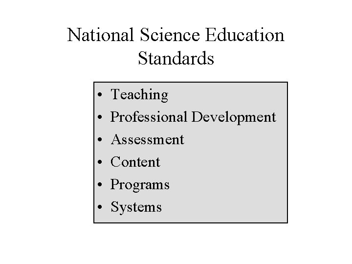 National Science Education Standards • • • Teaching Professional Development Assessment Content Programs Systems