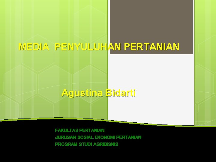 MEDIA PENYULUHAN PERTANIAN Agustina Bidarti FAKULTAS PERTANIAN JURUSAN SOSIAL EKONOMI PERTANIAN PROGRAM STUDI AGRIBISNIS