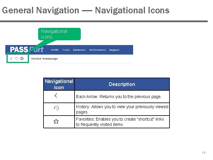 General Navigation — Navigational Icons Navigational icons Navigational Icon Description Back Arrow: Returns you General Navigation — Navigational Icons Navigational icons Navigational Icon Description Back Arrow: Returns you