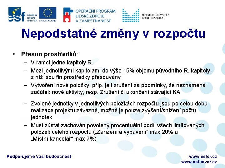 Nepodstatné změny v rozpočtu • Přesun prostředků: – V rámci jedné kapitoly R. –