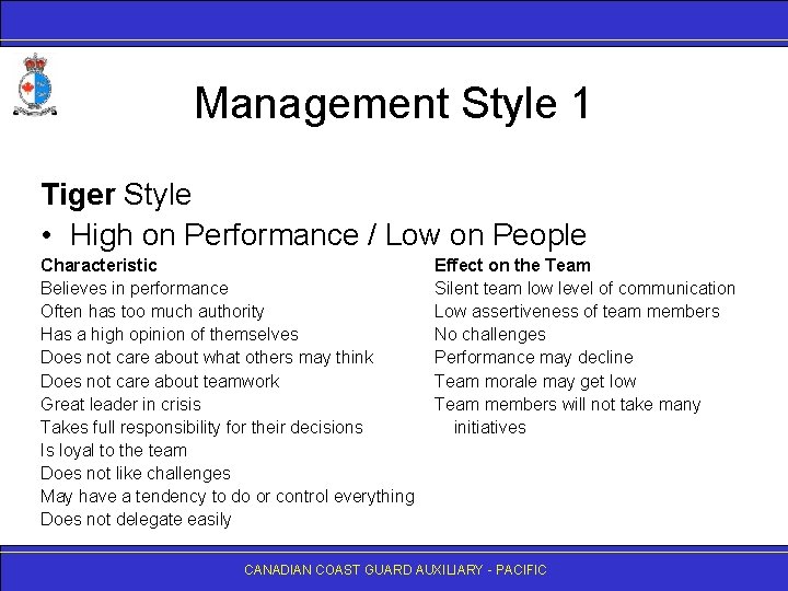 Management Style 1 Tiger Style • High on Performance / Low on People Characteristic