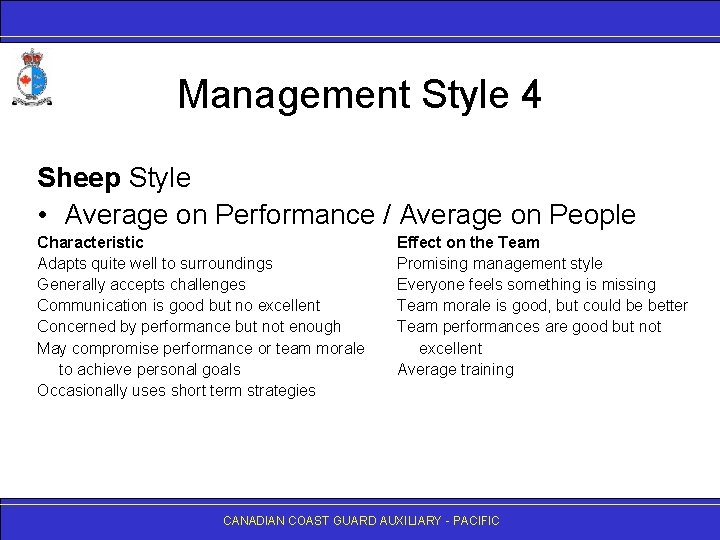 Management Style 4 Sheep Style • Average on Performance / Average on People Characteristic