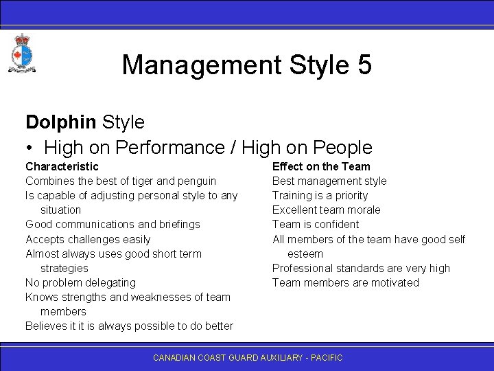 Management Style 5 Dolphin Style • High on Performance / High on People Characteristic