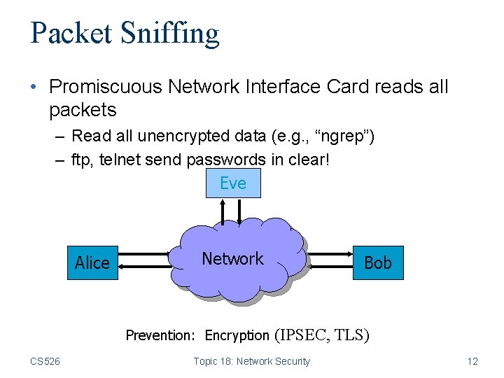 Packet Sniffing • Promiscuous Network Interface Card reads all packets – Read all unencrypted