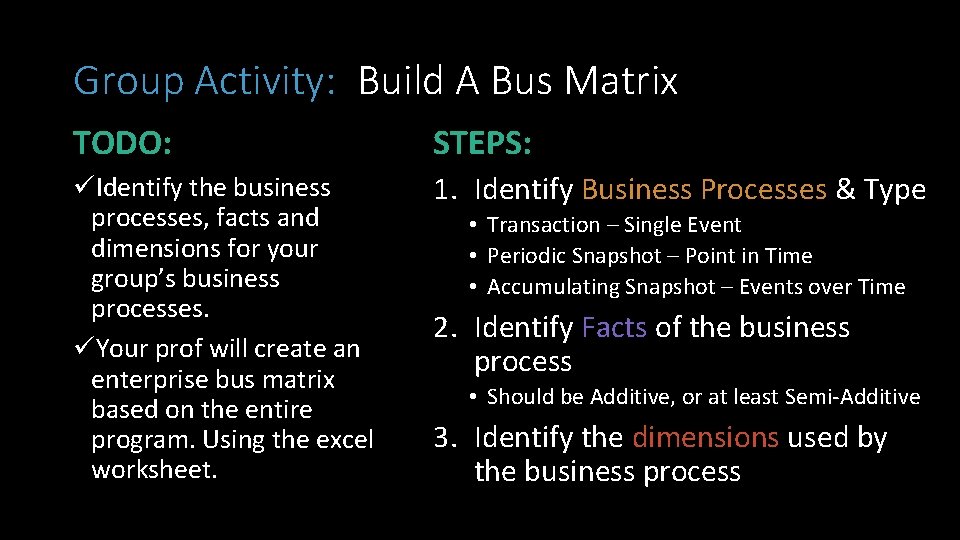 Group Activity: Build A Bus Matrix TODO: STEPS: üIdentify the business processes, facts and