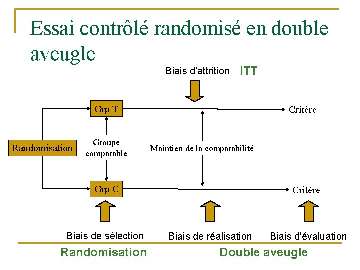 Essai contrôlé randomisé en double aveugle Biais d'attrition ITT Grp T Randomisation Groupe comparable