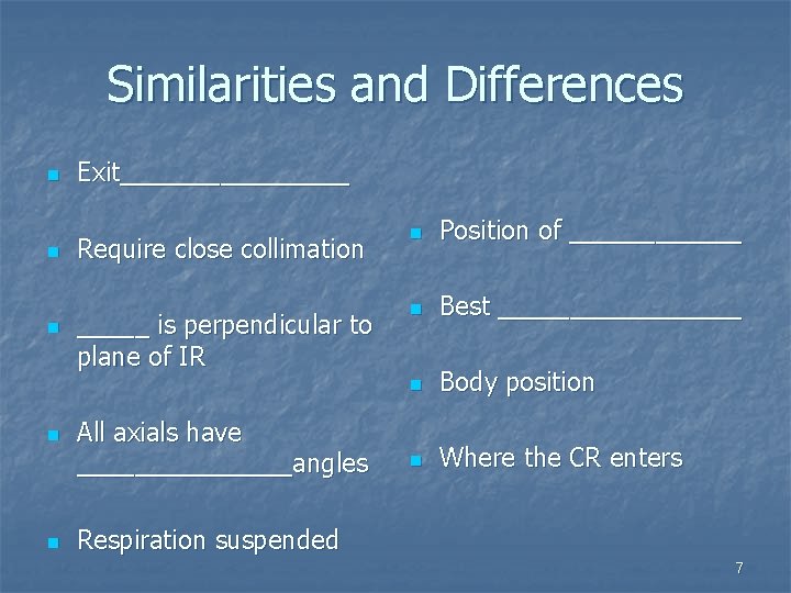Similarities and Differences n n n Exit________ Require close collimation n Position of ______