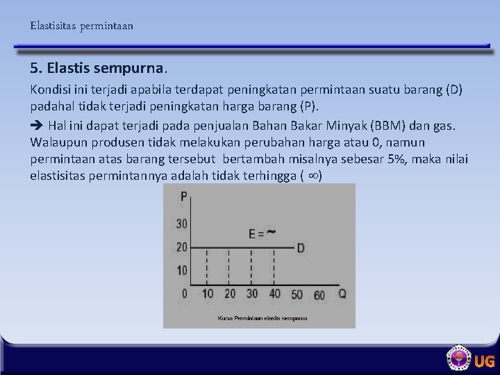 Elastisitas permintaan 5. Elastis sempurna. Kondisi ini terjadi apabila terdapat peningkatan permintaan suatu barang