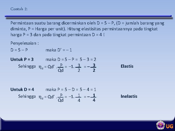 Contoh 2: Permintaan suatu barang dicerminkan oleh D = 5 – P, (D =