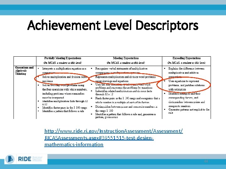 Achievement Level Descriptors http: //www. ride. ri. gov/Instruction. Assessment/ RICASAssessments. aspx#39551515 -test-designmathematics-information 44 