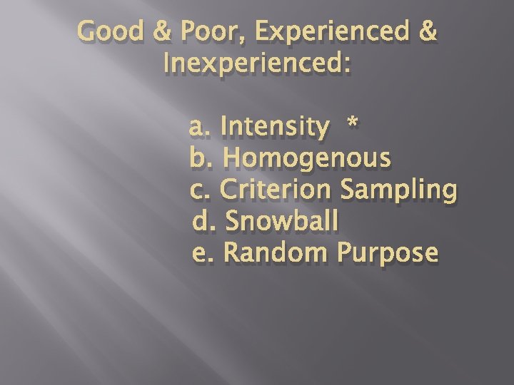 Good & Poor, Experienced & Inexperienced: a. Intensity * b. Homogenous c. Criterion Sampling