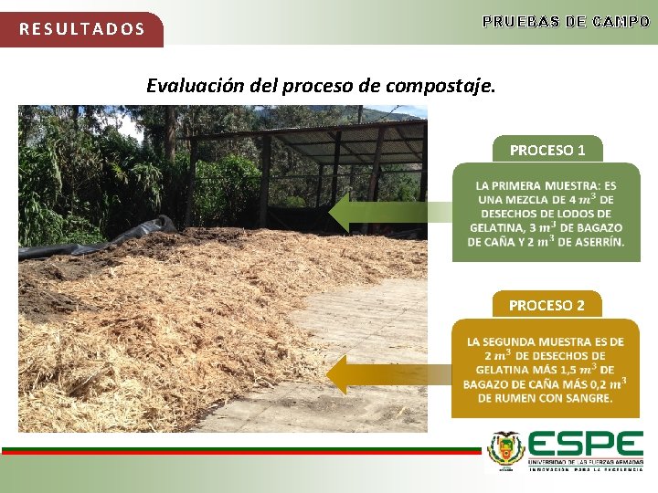 PRUEBAS DE CAMPO RESULTADOS Evaluación del proceso de compostaje. PROCESO 1 PROCESO 2 