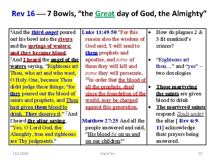 Rev 16 7 Bowls, “the Great day of God, the Almighty” angel poured Luke