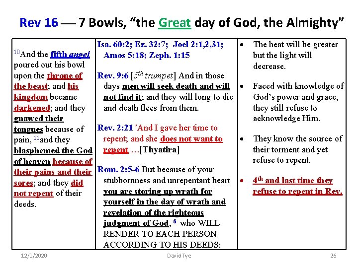 Rev 16 7 Bowls, “the Great day of God, the Almighty” Isa. 60: 2;