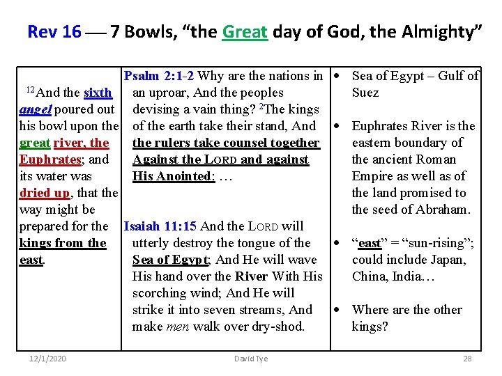 Rev 16 7 Bowls, “the Great day of God, the Almighty” Psalm 2: 1