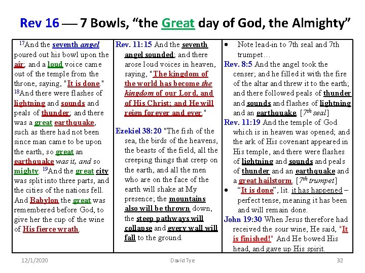 Rev 16 7 Bowls, “the Great day of God, the Almighty” 17 And the