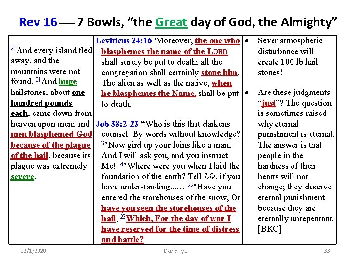 Rev 16 7 Bowls, “the Great day of God, the Almighty” 20 And every