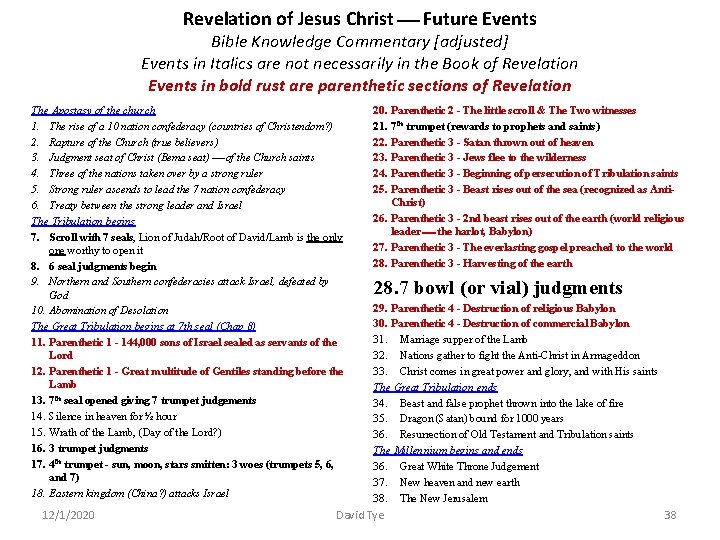 Revelation of Jesus Christ Future Events Bible Knowledge Commentary [adjusted] Events in Italics are