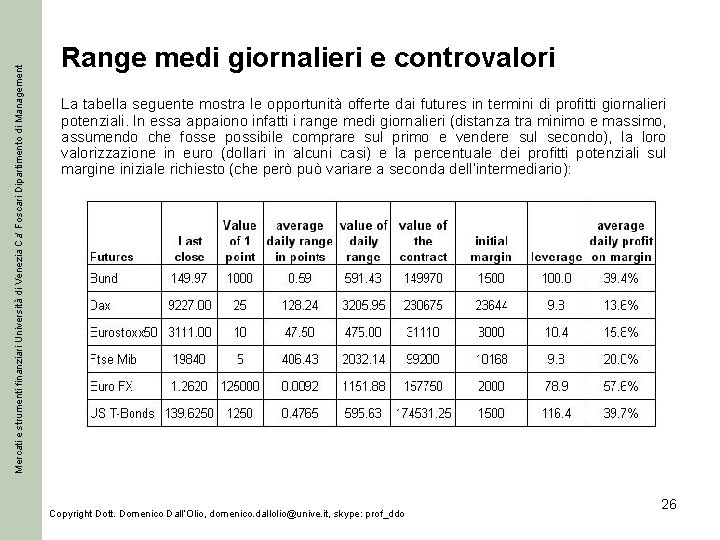 Mercati e strumenti finanziari Università di Venezia Ca’ Foscari Dipartimento di Management Range medi