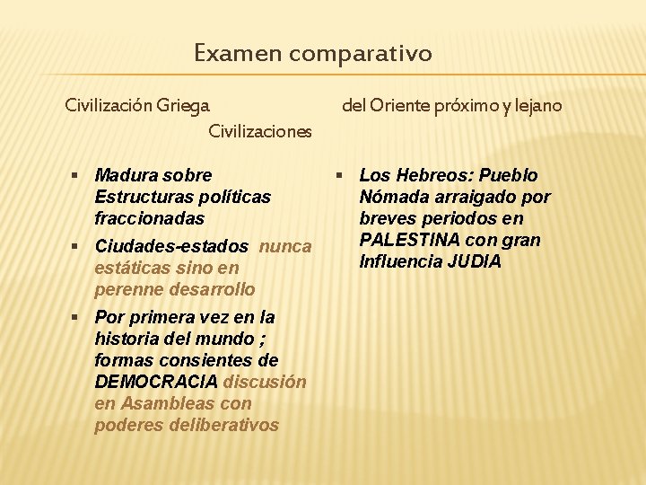 Examen comparativo Civilización Griega Civilizaciones Madura sobre Estructuras políticas fraccionadas Ciudades-estados nunca estáticas sino