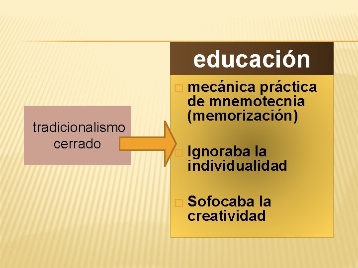 educación � mecánica tradicionalismo cerrado práctica de mnemotecnia (memorización) � Ignoraba la individualidad �
