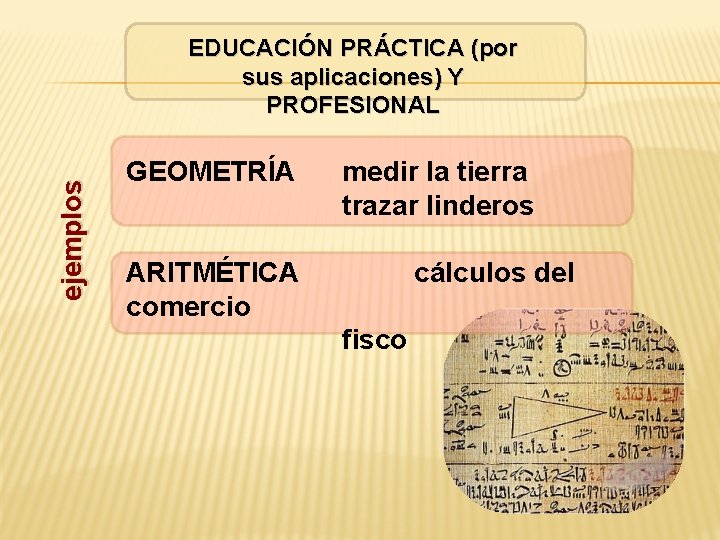 ejemplos EDUCACIÓN PRÁCTICA (por sus aplicaciones) Y PROFESIONAL GEOMETRÍA medir la tierra trazar linderos