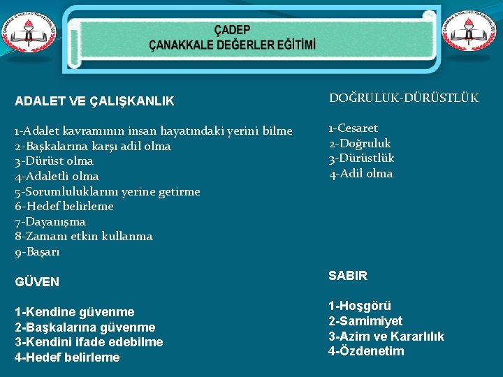 ADALET VE ÇALIŞKANLIK DOĞRULUK-DÜRÜSTLÜK 1 -Adalet kavramının insan hayatındaki yerini bilme 2 -Başkalarına karşı