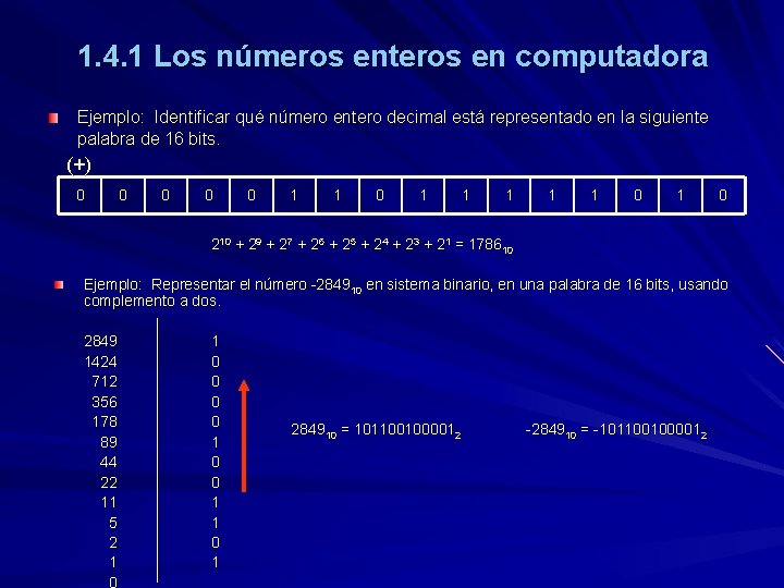 1. 4. 1 Los números enteros en computadora Ejemplo: Identificar qué número entero decimal