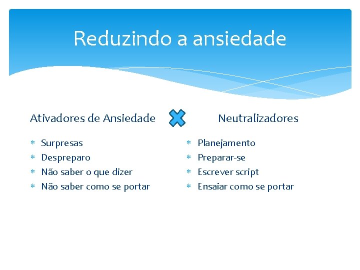 Reduzindo a ansiedade Neutralizadores Ativadores de Ansiedade Surpresas Despreparo Não saber o que dizer