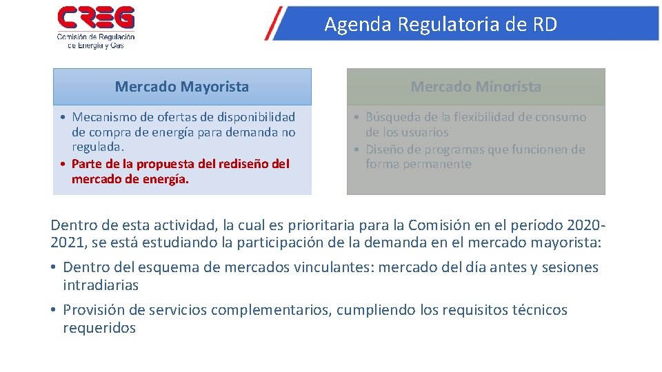 Agenda Regulatoria de RD Mercado Mayorista • Mecanismo de ofertas de disponibilidad de compra