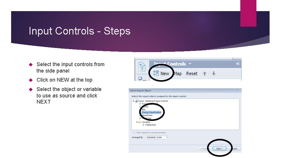 Input Controls - Steps Select the input controls from the side panel Click on