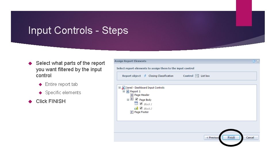 Input Controls - Steps Select what parts of the report you want filtered by