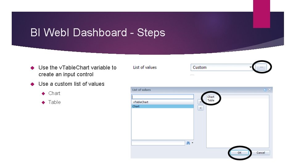 BI Web. I Dashboard - Steps Use the v. Table. Chart variable to create