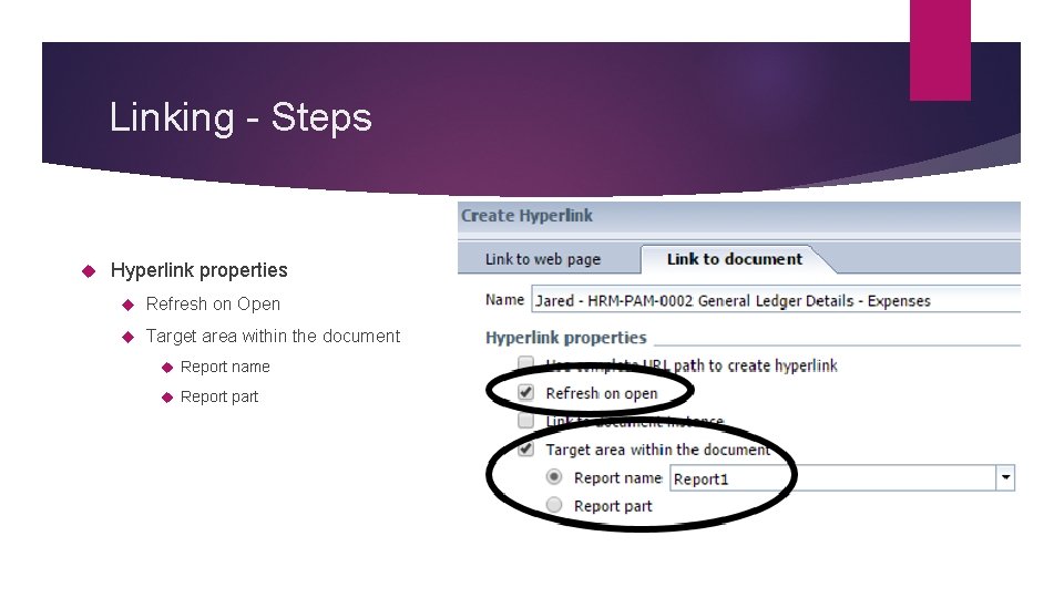 Linking - Steps Hyperlink properties Refresh on Open Target area within the document Report