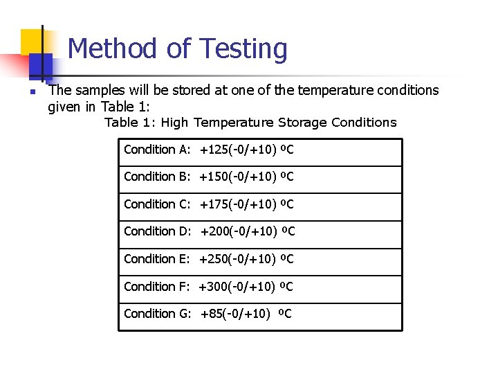 Method of Testing n The samples will be stored at one of the temperature